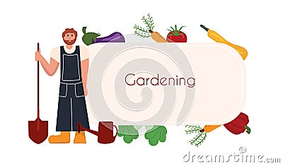 Gardener man with collection of vegetables, harvesting, farmer with shovel and watering can, advertising banner Vector Illustration